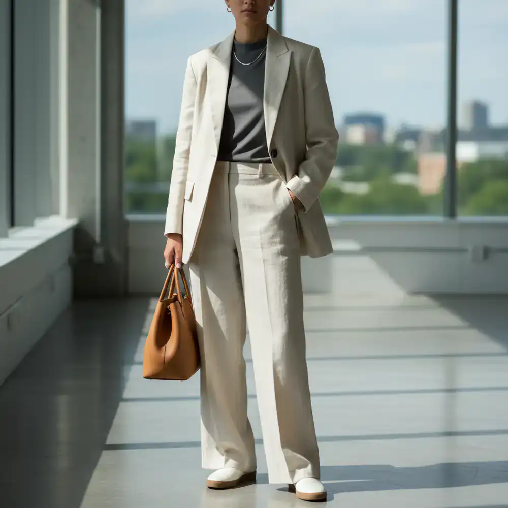 Model wearing a modern minimal outfit from ThreadCo