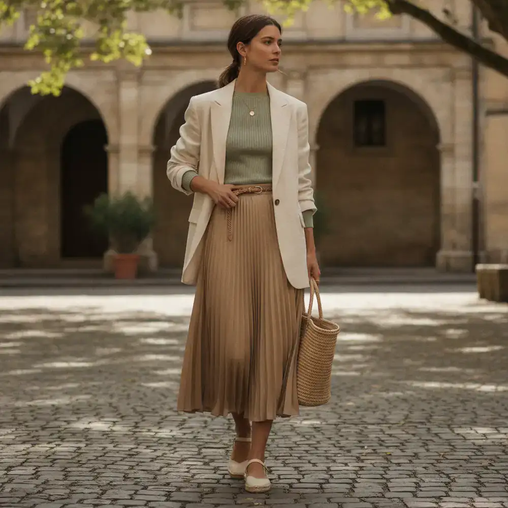 Model showcasing a layered seasonal outfit