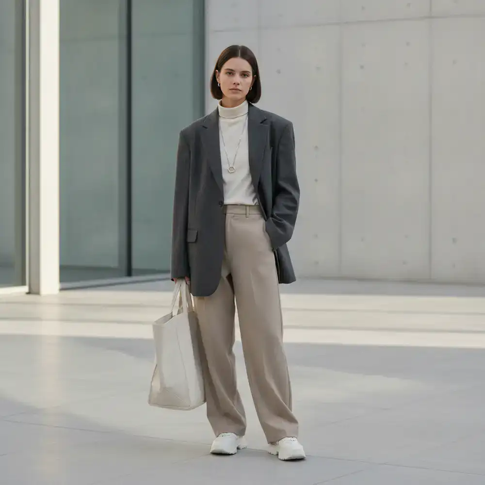 Model showcasing the new urban minimalist collection outdoors