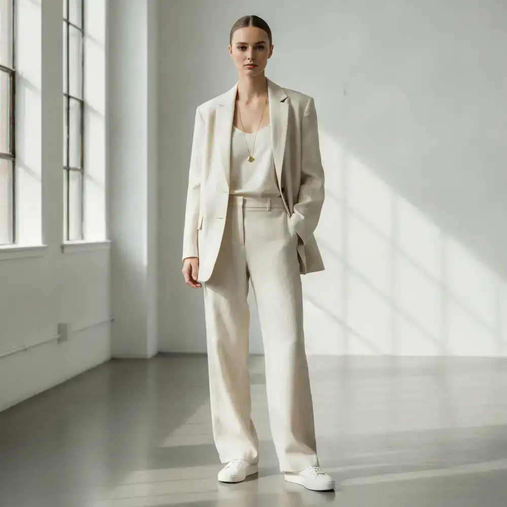 Model wearing a modern minimal outfit from ThreadCo