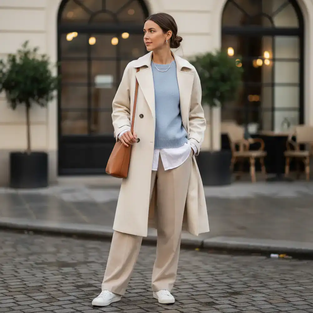 Morning styling showing the outerwear worn casually with light layers