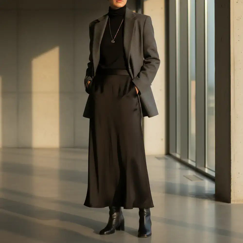 Evening styling showing the same outerwear paired with sleek, dark garments