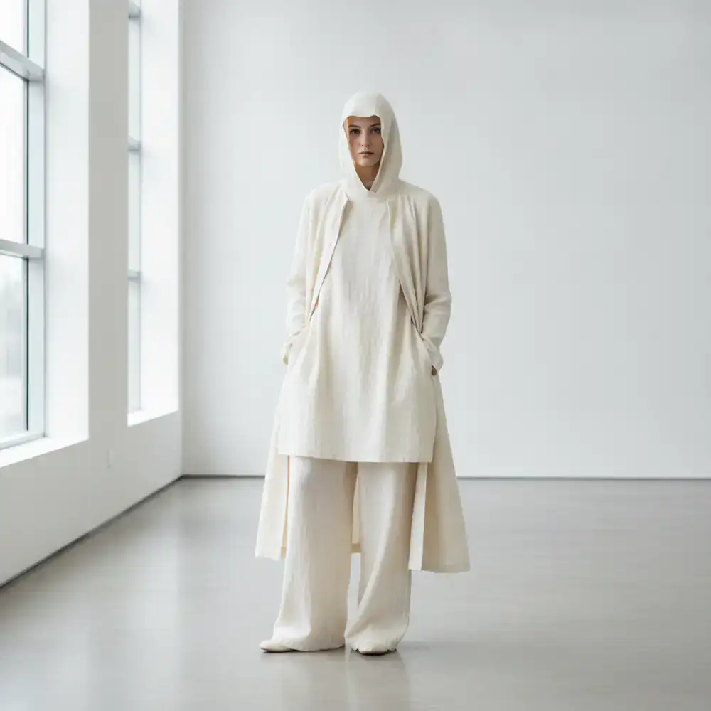 Monochromatic outfit highlighting heavy cotton layers and clean lines