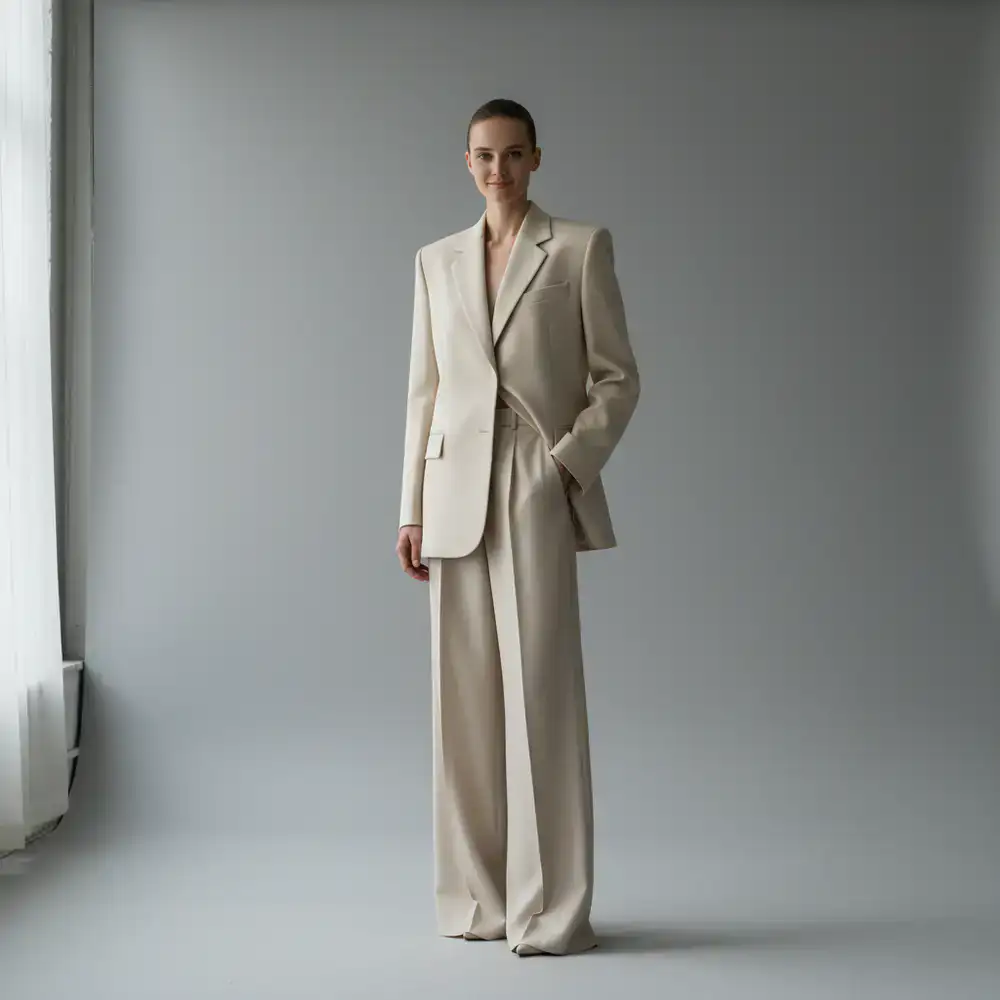 Model wearing a structured minimal blazer and wide-leg trousers in a studio setting