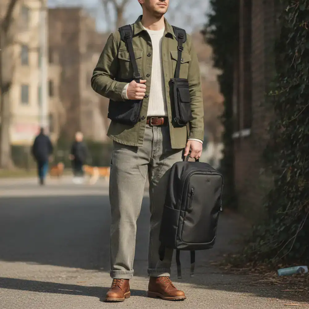 Casual weekend utility styling with durable outerwear