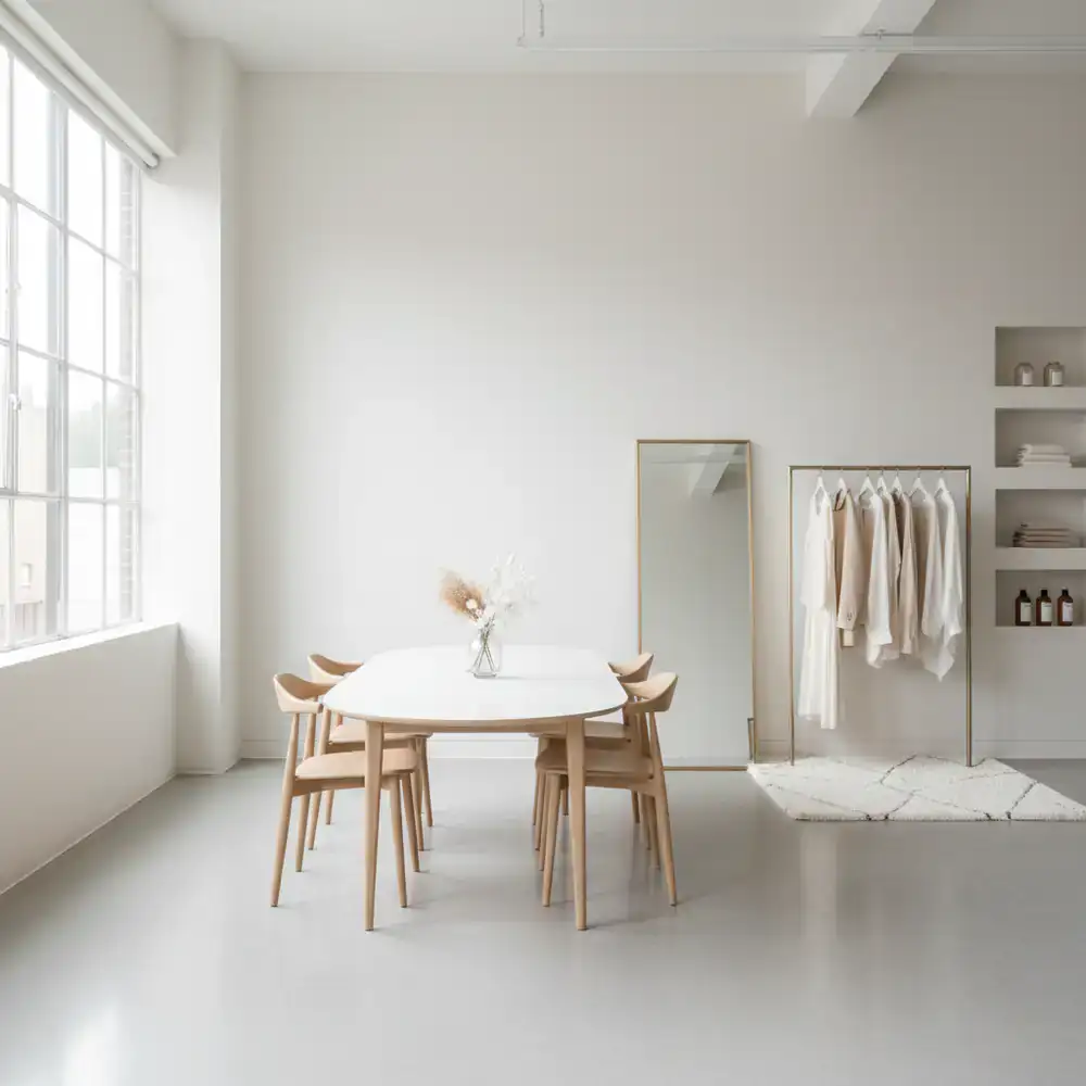 View of the bright, minimalist styling studio interior